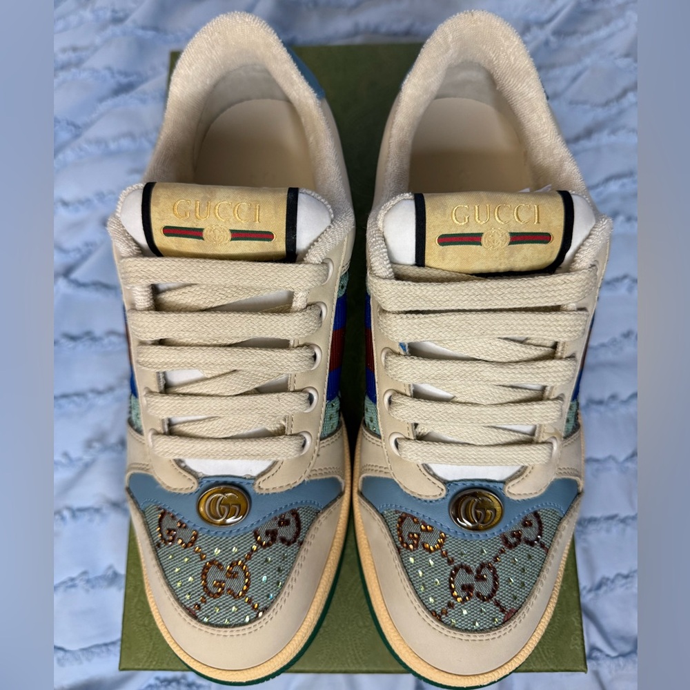 Gucci Canvas Blue Screener Sneaker With Crystals